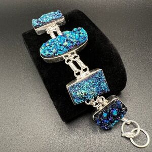 Druzy Link Bracelet 925 Sterling Silver Faux Chunky Peacock Blue Iridescent